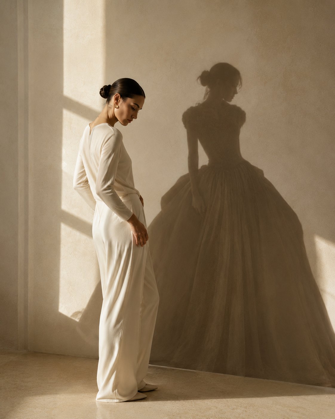 A woman in minimal ivory separates whose shadow on the wall wears a full couture ball gown.