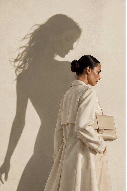 A woman in a cream trench coat holding a structured beige handbag, her shadow walking beside her.